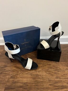 Pour La Victoire White and Black Two-Tone Ankle Strap Heels